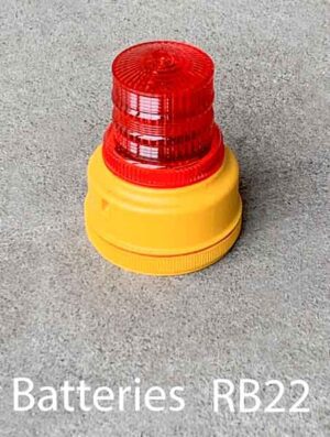 RB22- Qty-9. Red Led light for flashing or rotating with yellow base. Operated by two D8 batteries with switch to control output. Magnets on bottom. 5"H x 4"D.