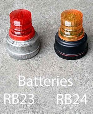 RB23-Qty-4. Red Led light for flashing or rotating with grey base. RB24-Qty-1. Amber Led light for flashing or rotating with black base. Both are operated by two D8 batteries with switch to control output. Magnets on bottom. 5"H x 4"D.