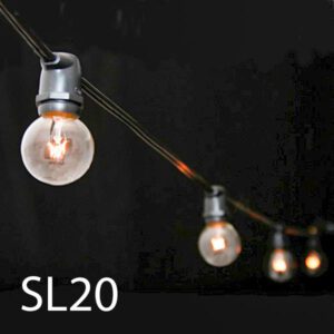 SL20-Qty 12. 50' Black string light with lamp every 2 ft.-  70 metal cages available