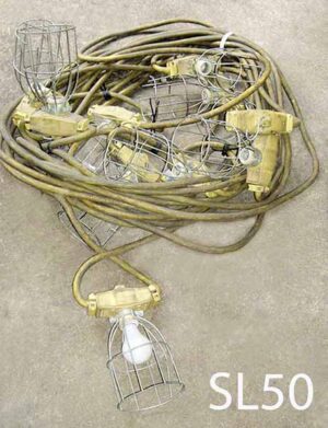 SL50-Qty-7. Heavy duty 100ft length string light with lamp/cage every 10′. SL51 Qty- 4 heavy duty 50′ length