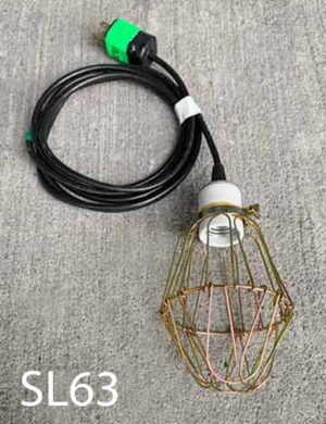 SL63-Qty-28. White porcelain socket on black cord with metal 5” cage. Medium base socket.