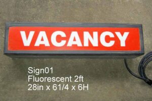 SIGN01-Qty-1. 28in w x 6 1/4 D x 6" H. 2ft fluorescent inside c/w cord.