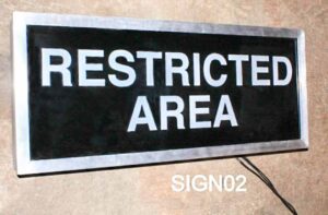 Sign02-Qty-1.  30″ x 13″ aluminum and black.  Light bulbs inside c/w cord.