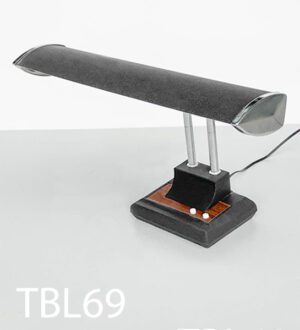 TBL69-Qty-1. Black vintage desk lamp with wood grain, adjustable chrome goose necks, c/w tungsten 12 volt Leds, and cord.