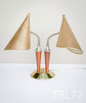 TBL72-Qty-1. Vintage table lamp with brass and wood base, with chrome goose necks and two perforated copper shades, c/w cord. Medium base bulbs