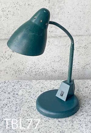 TBL77-Qty-1. Green metal vintage goose neck table lamp with cord. Medium base socket 17" High