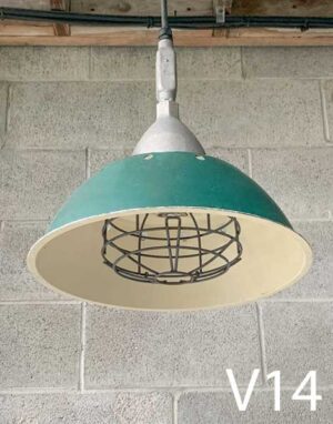 V14-Qty-10.  Aluminum industrial pendant  c/w 14″ reflector, cage and cord.  With glass- 8 available
