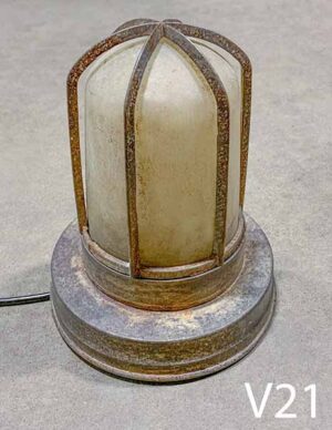V21-Qty-13.  Metal base and cage with glass, aged.  Medium base bulb.  c/w cord 8"D x 10"H