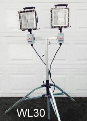 WL30-Qty-11.  Steel work lights on stand with 2- 500 watt  halogens. Adjust height  from 4′ to 8′ c/w cord