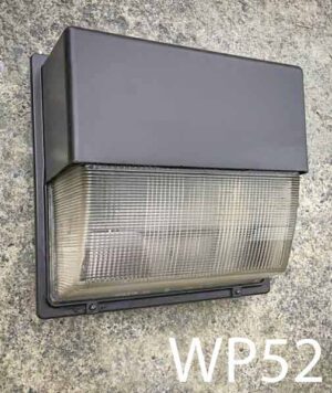 WP52-Qty-10. Brown exterior wall pack with glass front. 16″ W X 15″ H c/w cord. Mogul base uses incandescent bulb.