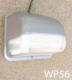 WP56-Qty-19.  Grey wall pack with lens 11″ W x 10″ H x 9″ out,  Regular bulb medium base c/w cord