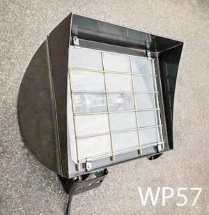WP57-Qty-15. Dark brown metal light with glass front, adjustable mounting bracket, cage and cord. 2000 Watt halogen.  15″ W x 13″H x 16″ deep