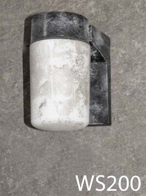 WS200-Qty-10.  black c/w white glass sconce. Medium base bulb, 7″H