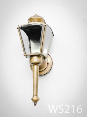 WS216- Qty-6. Antique brass carriage lights with glass case 16"H