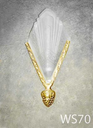 WS70-Qty-8. Brass vintage Art Deco wall sconce with designed glass uses candelabra bulb. 13" high.