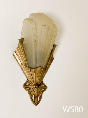 WS80- Qty-1 Brass Art Deco sconce with milk glass, switch and medium base socket. 12”H. Vintage
