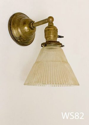 WS82- Qty-1  Brass sconce with grooved glass and switch, medium base socket. 9”H. Vintage