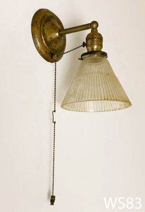 WS83- Qty- 1 Brass sconce with grooved glass and pull chain switch, medium base socket. 9”H. Vintage