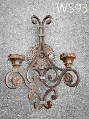 WS93-Qty-2. Brown wood and metal double sconce 23” H- Vintage