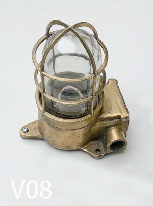 V08-Qty-4. Brass wall or ceiling light c/w glass and cage. c/w cord