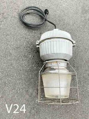 V24-Qty-1.  Industrial metal 17”H x 10”D c/w cage and glass- mogul base socket.