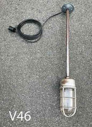 V46-Qty-1.  Metal industrial light with cage and glass on pipe 34” total length