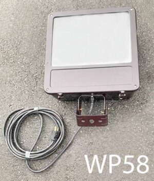 WP58-Qty-10.  Dark brown 16” x 16” light with frosted front glass and 2000 Watt bulb with cord on adjustable base.