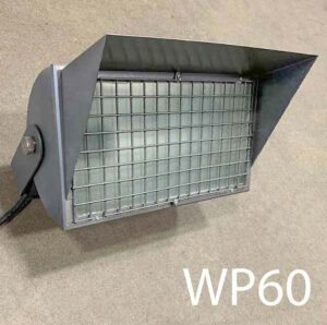 WP60-Qty-9. Grey 14” x 7” c/w cage, cord, mogul base socket.