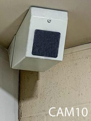 CAM10-Qty-8. Off white ceiling metal case camera 11 ½”L  x 5”W x 5 ½” H