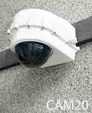 CAM20-Qty-2. White with black bubble camera and red flashing Led using 2 double AA batteries with switch on back.16”L  x 12”W x 12”H