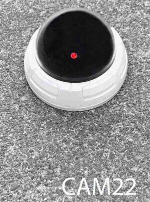 Cam22-Qty-2. Black bubble camera with white base and red flashing Led using 2 double AA and switch. 4 ¼”D x 3”H