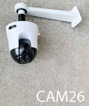 CAM26-Qty-4. White base with black bubble camera 5”D x 5”H with red light. Camera can pan and tilt using wireless remote for live action. Camera can be mounted on several arm brackets available.