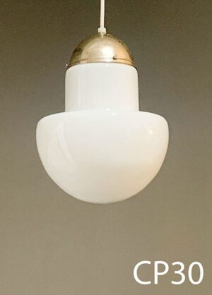 CP30- Qty-1. Bronze base with vintage white glass pendant and medium base socket. 11”H x 8”D with white cord