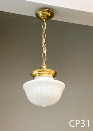 CP31-Qty-3. Brass with white vintage designed glass pendant on chain and medium base socket. 10”H x 9”D