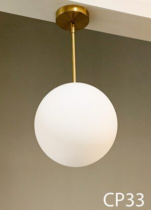 CP33-Qty-1. Brass base pendant with white glass globe and medium base socket. 9” globe with 20” total drop.
