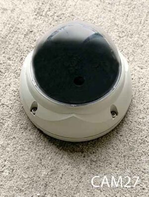 CAM27-Qty-1. Black bubble camera with ivory base, red Led operated by two AA batteries with switch. 6”D x 5”H