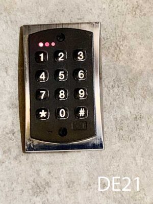 DE21-Qty-13.  Silver and black push button 5 1/8”H x 3 ½”W c/w red or green light and numbers light up 12 volt DC