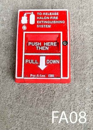 FA08-Qty-1. Red fire alarm pull station with halon system extinguisher.