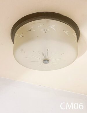 CM06-Qty-1. Opaque vintage design glass on brown base with 2 medium base sockets. 10”D x 6”H