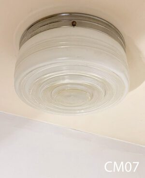 CM07-Qty-1 Chrome base with vintage white glass, ceiling mount light with two medium base sockets. 11”D