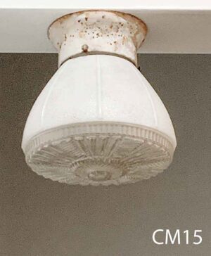 CM15-Qty-1. Painted white base with vintage white glass 8”D x 9”H with medium base socket