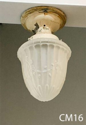CM16-Qty-1. Vintage milky acorn shaped glass on painted ceiling mount base with medium base socket. 7”D x 12”H