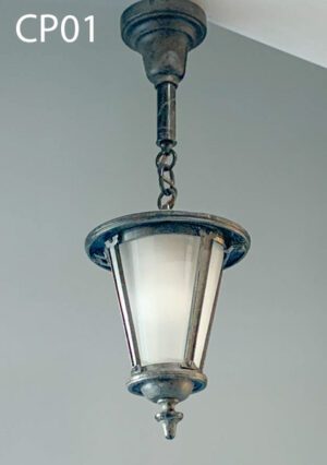 CP01-Qty-3. Black metal vintage lantern pendant c/w chain and ceiling cover plate. 12" lantern total 22" with chain.