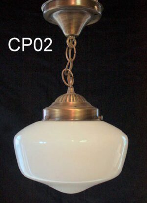 CP02-Qty-1.  White vintage glass globe pendant c/w brass chain