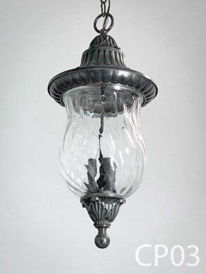 CP03-Qty-6. Brown pendant with glass and 3 candelabra lights c/w cord and canopy. 21" H x 9" W.