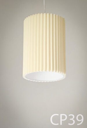 CP39-Qty-2. Beige pleated fabric pendant with white cord and canopy. 12"H x 9"D. medium base socket