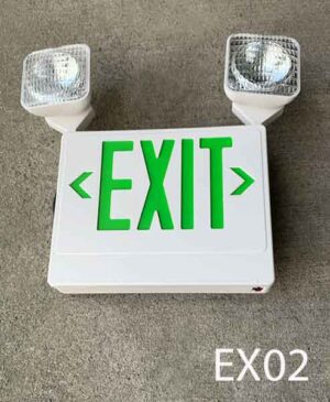 EX02-Qty-2. White exit sign with green letters and cord- lit with leds. 13"W x 10"H plus heads of 6"