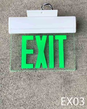 EX03-Qty-1. White base and clear plexi exit sign with green letters- lit with leds. 12"W x 10"H