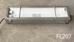 FL207-Qty-1. Aluminum cased with glass front double 2’  fluorescent c/w cord. Light swivels on brackets. 29”L x 7”W x 9”H.