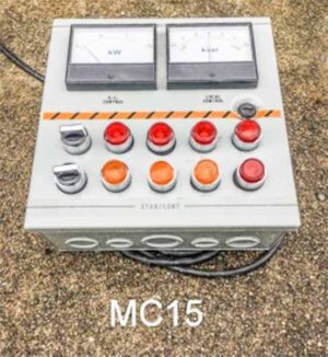 MC15-Qty-1.  Grey 10″ x 10″ metal box c/w hinged cover, working switches, meter, lights and cord